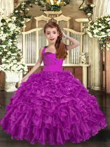 Fuchsia Organza Lace Up Straps Sleeveless Floor Length Girls Pageant Dresses Ruffles and Ruching