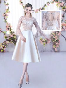 Tea Length Lace Up Damas Dress Champagne for Wedding Party with Lace and Belt