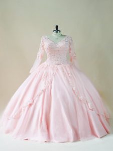 Sophisticated Baby Pink Ball Gowns V-neck Long Sleeves Satin and Tulle Floor Length Lace Up Beading and Appliques Quinceanera Gown