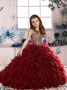 Organza Scoop Sleeveless Lace Up Beading and Ruffles Little Girls Pageant Gowns in Wine Red