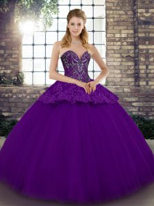 Beautiful Purple Ball Gowns Sweetheart Sleeveless Tulle Floor Length Lace Up Beading and Appliques Quinceanera Gown