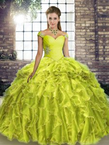 Elegant Yellow Green Sweet 16 Dresses Organza Brush Train Sleeveless Beading and Ruffles