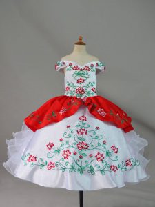 White And Red Sleeveless Satin and Organza Lace Up Girls Pageant Dresses for Wedding Party