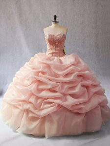Custom Made Peach Sleeveless Beading and Pick Ups Floor Length Quinceanera Dresses