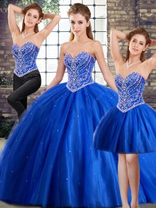 Lace Up Quinceanera Dress Blue for Military Ball and Sweet 16 and Quinceanera with Beading Brush Train