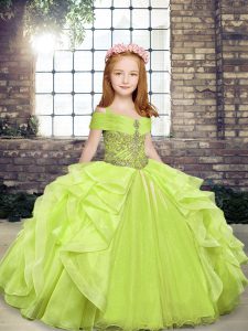 Beading and Ruffles Kids Formal Wear Yellow Green Lace Up Sleeveless Floor Length