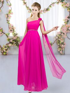 Sleeveless Floor Length Beading and Hand Made Flower Lace Up Dama Dress with Hot Pink