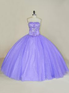 Lavender Ball Gowns Strapless Sleeveless Tulle Floor Length Lace Up Sequins Sweet 16 Dress