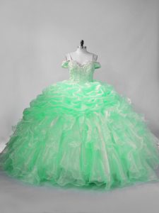 Apple Green Lace Up Straps Beading and Pick Ups Quince Ball Gowns Organza Sleeveless
