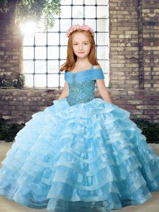 Aqua Blue Straps Neckline Beading and Ruffled Layers Little Girls Pageant Dress Sleeveless Lace Up