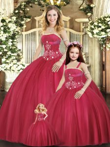 Best Selling Red Lace Up Quinceanera Gown Beading Sleeveless Floor Length