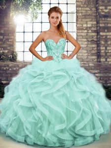 Floor Length Lace Up Quinceanera Gown Apple Green for Military Ball and Sweet 16 and Quinceanera with Beading and Ruffles