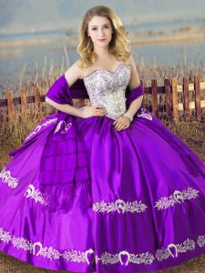 Graceful Purple Ball Gowns Sweetheart Sleeveless Satin Floor Length Lace Up Beading and Embroidery 15th Birthday Dress