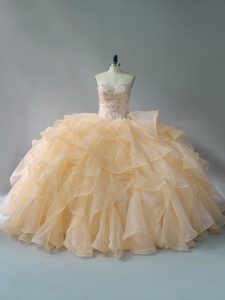 Smart Gold Ball Gown Prom Dress Organza Brush Train Sleeveless Beading and Ruffles