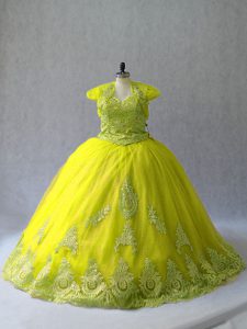 Beautiful Yellow Green Quinceanera Gowns Tulle Court Train Sleeveless Appliques