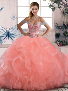 Cheap Peach Ball Gowns Beading and Ruffles Sweet 16 Quinceanera Dress Lace Up Tulle Sleeveless Floor Length