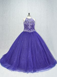Discount Tulle Scoop Sleeveless Brush Train Lace Up Beading Quinceanera Dress in Purple