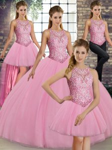 Modest Pink Ball Gowns Embroidery Quinceanera Dresses Lace Up Tulle Sleeveless Floor Length