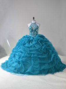 Flare Teal Sweet 16 Dress Sweet 16 and Quinceanera with Beading and Pick Ups Halter Top Sleeveless Lace Up