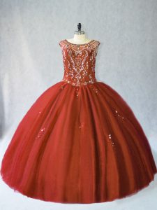 Rust Red Tulle Lace Up Scoop Sleeveless Floor Length Quinceanera Gowns Beading