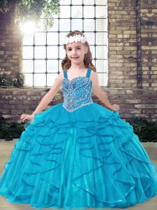 Excellent Ball Gowns Little Girls Pageant Gowns Blue Straps Tulle Sleeveless Floor Length Lace Up