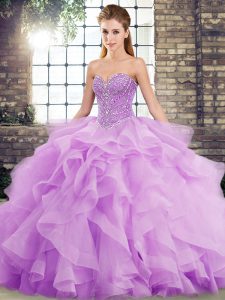 Dramatic Tulle Sweetheart Sleeveless Brush Train Lace Up Beading and Ruffles 15th Birthday Dress in Lavender