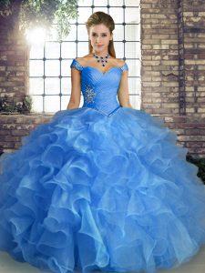 Blue Off The Shoulder Neckline Beading and Ruffles Sweet 16 Quinceanera Dress Sleeveless Lace Up
