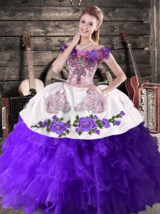 Trendy Purple Organza Lace Up Quinceanera Dresses Sleeveless Floor Length Embroidery and Ruffles