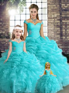 Aqua Blue Lace Up Off The Shoulder Beading and Ruffles and Pick Ups Ball Gown Prom Dress Organza Sleeveless