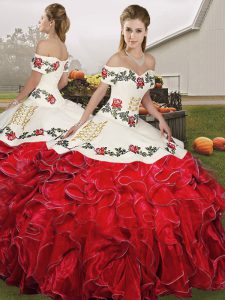 Floor Length Ball Gowns Sleeveless White And Red Quinceanera Dress Lace Up