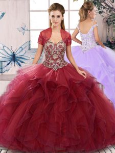 Extravagant Burgundy Off The Shoulder Neckline Beading and Ruffles Quinceanera Dress Sleeveless Lace Up