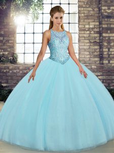 Aqua Blue Ball Gowns Scoop Sleeveless Tulle Floor Length Lace Up Embroidery Sweet 16 Dresses
