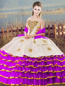 Amazing Floor Length Lace Up Vestidos de Quinceanera Purple for Sweet 16 and Quinceanera with Beading and Ruffled Layers