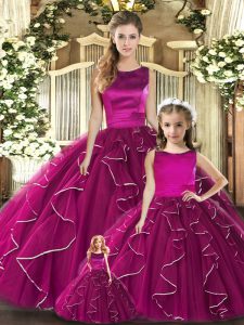 Nice Fuchsia Lace Up Vestidos de Quinceanera Ruffles Sleeveless Floor Length