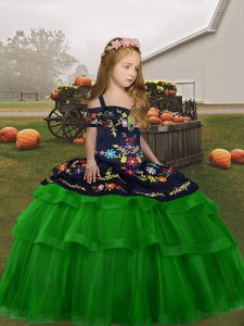 Green Straps Lace Up Embroidery and Ruffled Layers Pageant Gowns For Girls Sleeveless