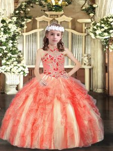 Halter Top Sleeveless Lace Up Child Pageant Dress Orange Red Tulle