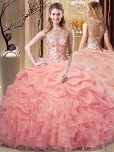 Amazing Peach Ball Gowns Scoop Sleeveless Organza Floor Length Lace Up Beading and Ruffles and Pick Ups 15 Quinceanera Dress