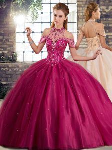 Fuchsia Tulle Lace Up Quince Ball Gowns Sleeveless Brush Train Beading