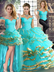 Aqua Blue Three Pieces Tulle Off The Shoulder Sleeveless Beading and Ruffled Layers Floor Length Lace Up Ball Gown Prom Dress