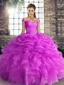 Sexy Floor Length Lace Up Quinceanera Dress Lilac for Military Ball and Sweet 16 and Quinceanera with Beading and Ruffles and Pick Ups