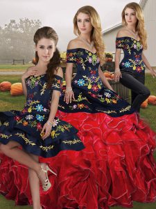 Charming Organza Off The Shoulder Sleeveless Lace Up Embroidery and Ruffles Sweet 16 Dress in Red And Black