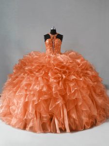 Beautiful Orange Quinceanera Dresses Organza Brush Train Sleeveless Beading and Ruffles