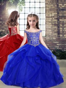 Floor Length Royal Blue Little Girl Pageant Gowns Organza Sleeveless Beading
