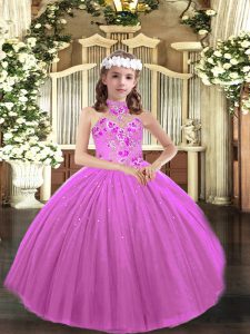 Stunning Appliques Little Girls Pageant Dress Lilac Lace Up Sleeveless Floor Length