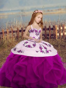 Sleeveless Floor Length Embroidery and Ruffles Lace Up Kids Formal Wear with Fuchsia