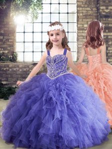 Lavender Ball Gowns Straps Sleeveless Tulle Floor Length Lace Up Beading and Ruffles Girls Pageant Dresses