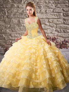 Beading and Ruffled Layers Sweet 16 Dresses Gold Lace Up Sleeveless Court Train