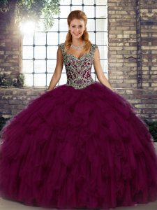 Floor Length Dark Purple Ball Gown Prom Dress Organza Sleeveless Beading and Ruffles