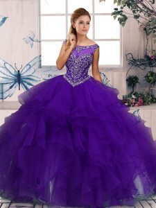 Dramatic Organza Scoop Sleeveless Zipper Beading and Ruffles Sweet 16 Dress in Purple