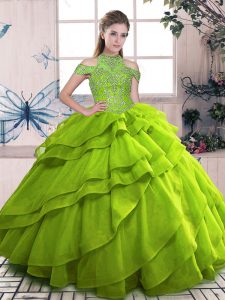 Luxurious Olive Green Organza Lace Up High-neck Sleeveless Floor Length 15 Quinceanera Dress Beading and Ruffled Layers